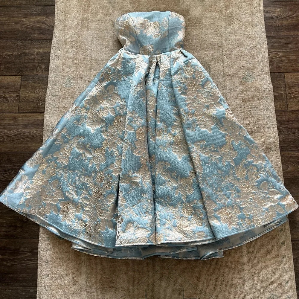 Mac Duggal Strapless Brocade Midi Dress with Pockets NWT Blue Multi - Picture 3 of 15